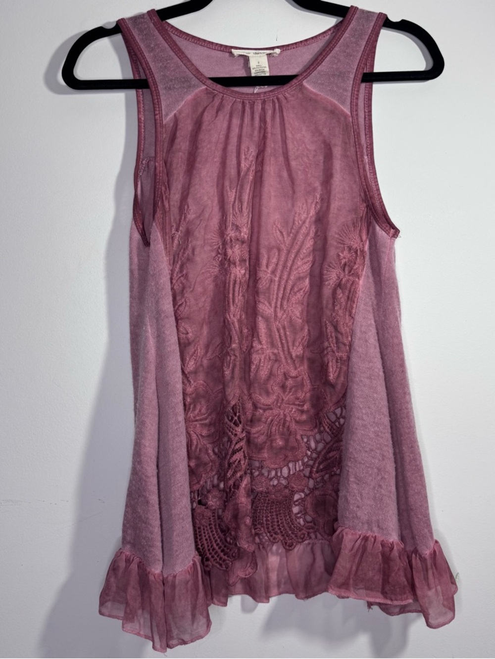 Indigo Thread Co Mauve Lace Trim Tunic Tank Top Boho Sleeveless Size S